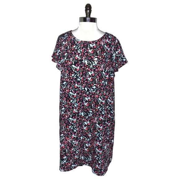 TAHARI Plus Size 1X Shift Dress Black Red White Floral Ruffle Cap Sleeve - Picture 1 of 6